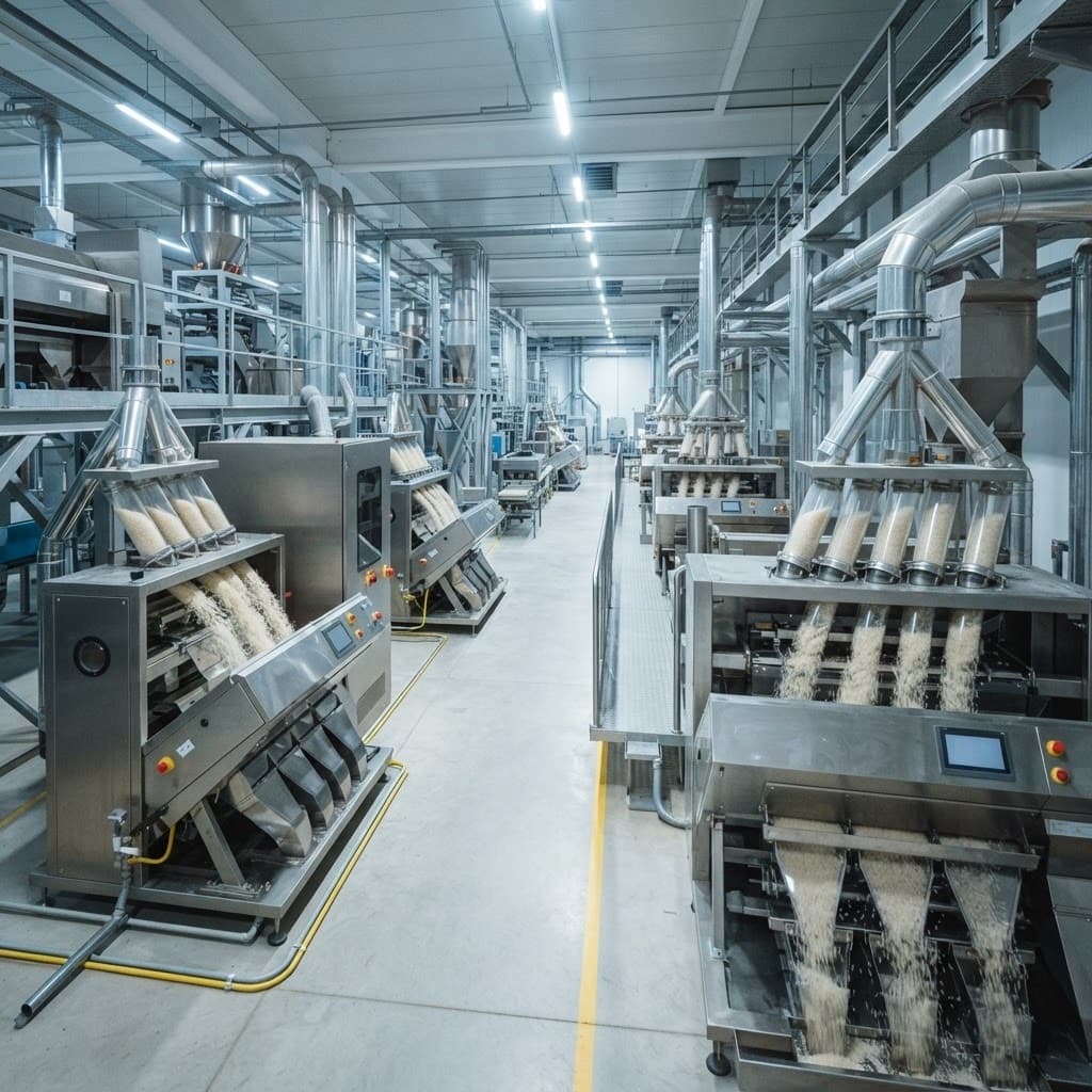 Modern rice sortex plant with optical sorting lines at a GRM processing facility